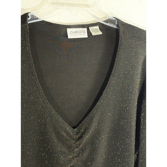 Chico’s Travelers Black Gold Metallic V neck Sz 3  X-Large Womans Blouse Stretch - Picture 7 of 7